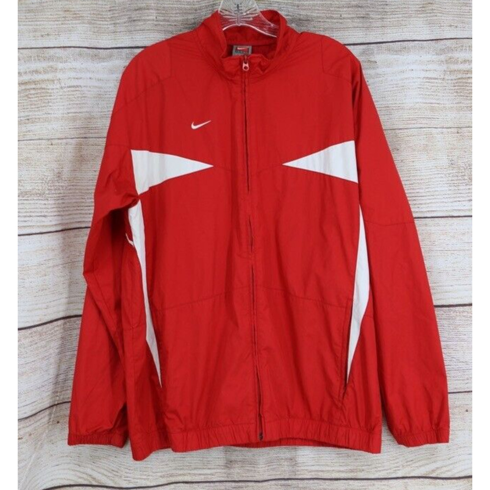VINTAGE Nike Mens Size Large Full Zip Oversize Windbreaker Jacket Red White